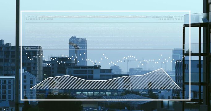 Animation of interface with data processing against aerial view of cityscape