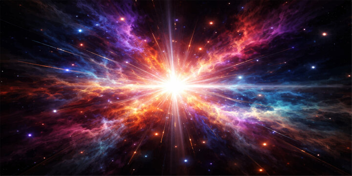 An abstract cosmic nebula glows with vibrant blue and purple energy as a bright supernova explosion shines across the dark starry night of the deep fantasy universe