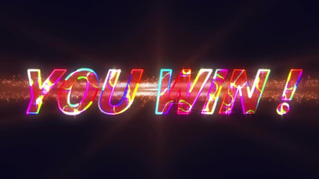 Animation of multicolored you win text over abstract pattern against black background