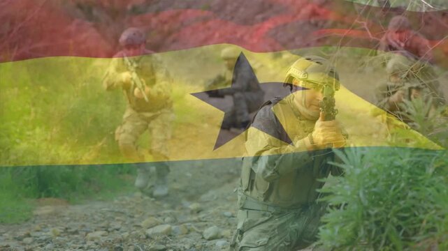 Animation of flag of ghana over diverse soldiers