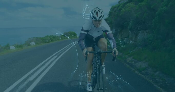 Animation of mathematical equations over caucasian female cyclist riding a bicycle on the street