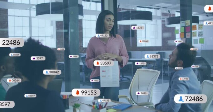Animation of multiple notification bars over diverse woman explaining reports to coworkers