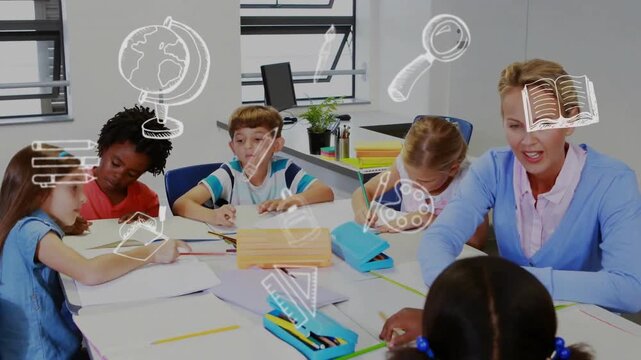 Animation of school icons over diverse schoolchildren and female teacher in classroom