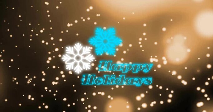 Animation of happy holidays text and snowflakes with spots of light on black background