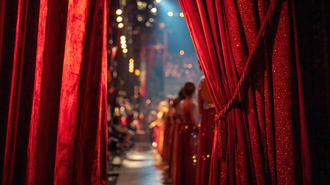 backstage. Stage curtains with performers in sparkling costumes waiting in wings, theatrical lighting. event programs, museum guides, designed for cultural heritage projects and event programs.