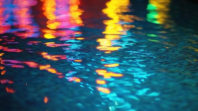 Colorful light reflections on water surface at night