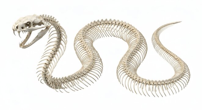 Hyper-Realistic 3D Render of a Complete Snake Skeleton Anatomy Isolated on a Pure White Background