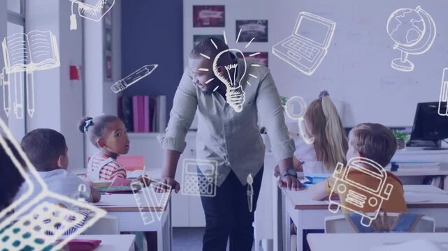 Animation of school items icons over happy diverse male teacher with students in classroom