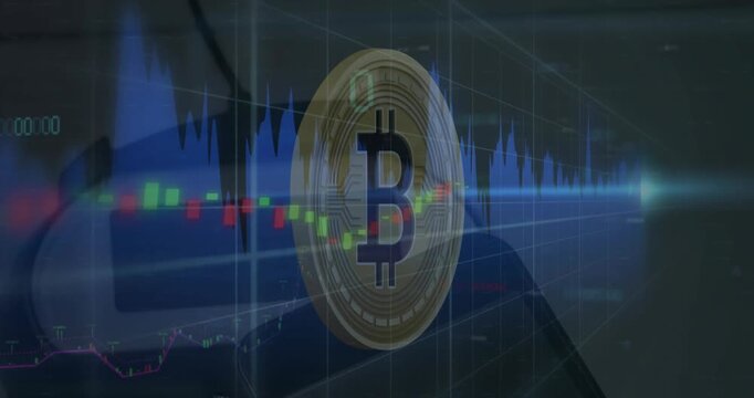 Animation of bitcoin and data processing over desk in office