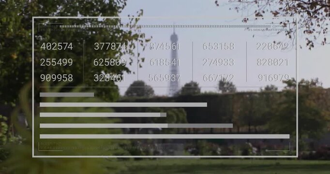 Data visualization animation over park with Eiffel Tower in background