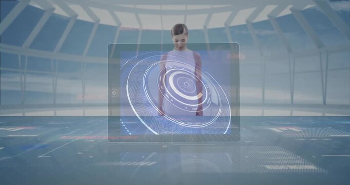 In school, animation showing woman with digital target overlay in high-tech setting