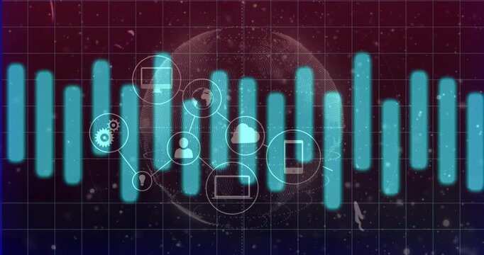 Network interface rendering data flowing through cyan bars and glowing icons over wireframe globe