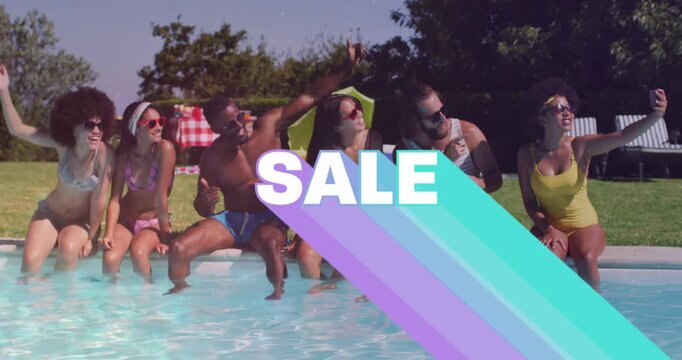 SALE animation overlay with friends relaxing poolside in summer atmosphere