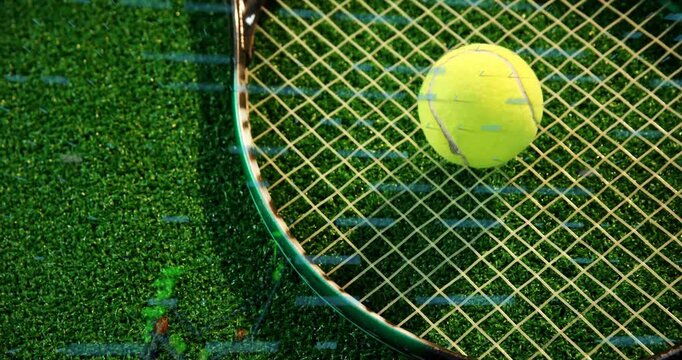 Tennis ball resting on racket strings highlighting fuzzy texture against vibrant grass in 3D render