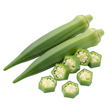 Fresh okra pods and cut pieces displayed together on a plain background