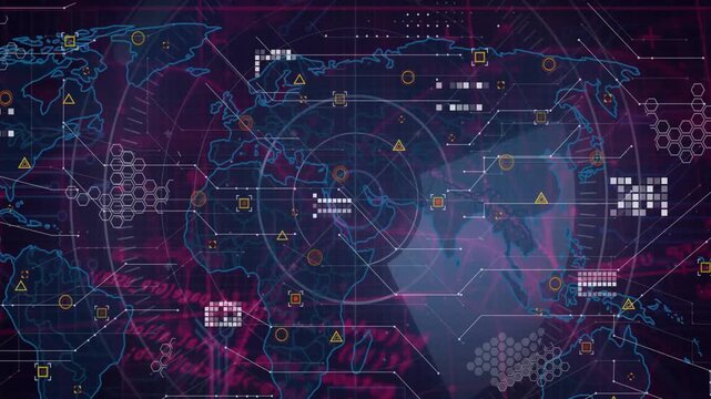 Digital world map being displayed with neon blue radar rings and circuit nodes overlaying hex grid