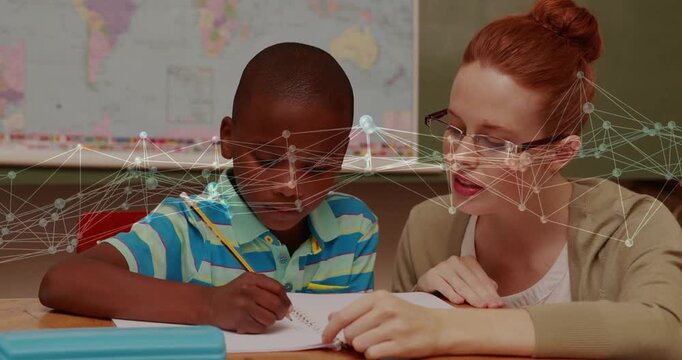 Student writing on spiral notebook in classroom, with animated world map and chart overlays