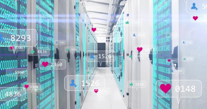 Server racks scrolling teal code causing social icons floating forward showing engagement rise