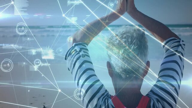 AR data graphics emerging around seated adult woman raising arms into prayer pose for health tech