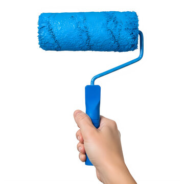 A hand holding a blue paint roller applying coating on a surface