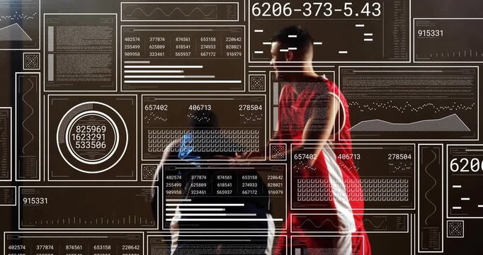 Sports analytics updating data panels player dribbling while defender pivoting court for analysis