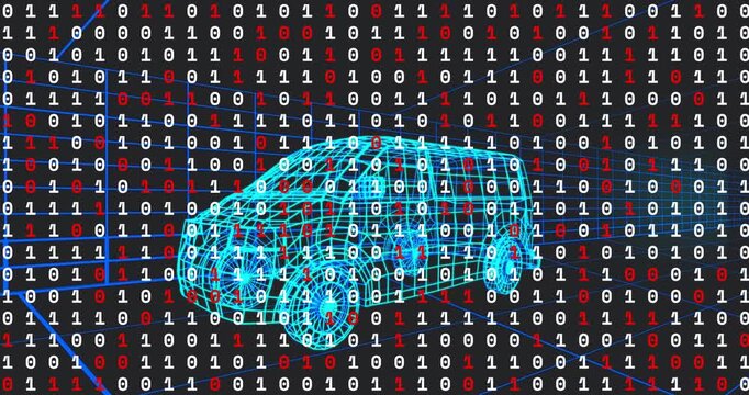 On animation start, cyan wireframe van hovering amid scrolling binary digits, visualizing data flow