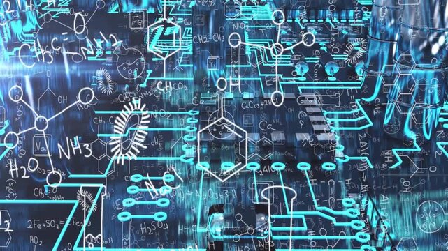 Glitch starting neon-blue schematics tracing and merging paths with formulas showing data interface