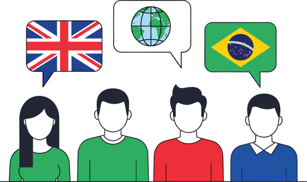 People speaking different languages with speech bubbles and flags, global communication and multicultural conversation concept isolated vector illustration design