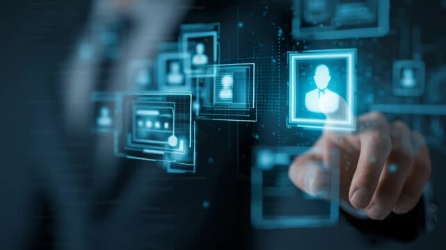 A professional business hand uses a finger to press a virtual button on a digital touchscreen interface, representing a concept of future network technology and innovation