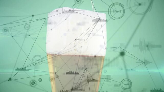 Fading two-toned prism rotating as network lines emerging with nodes, rings and bars showing growth