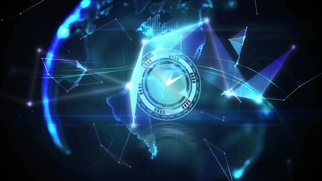 Central HUD evolving into rotating dotted globe after blue pulse, showing global network