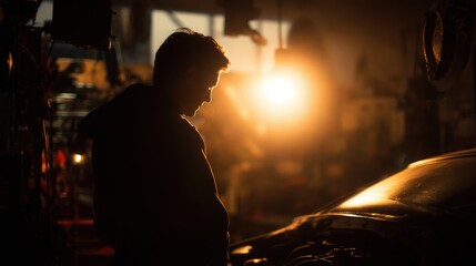 Fototapeta premium mechanic working late in garage alone, soft warm lamp light, emotional atmosphere, car silhouette in background, cinematic shadows, space