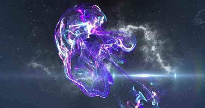 Vivid particle cloud emerging lower right, unfolding jelly, drifting up-left, occupying center-left