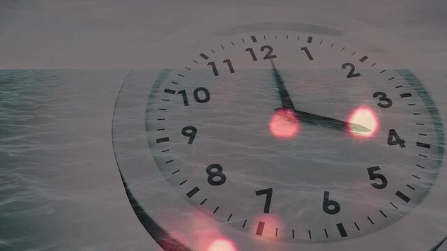 On sequence start analog clock rotating over sea, pink bokeh rising, visualizing time for design