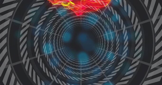 Chevron tunnel centering teal bokeh drifting red seed appearing forming wisps adding depth for tech