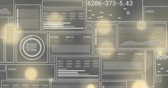 Tiled data dashboard receiving live feed, populating panels and animating gauge to monitor systems