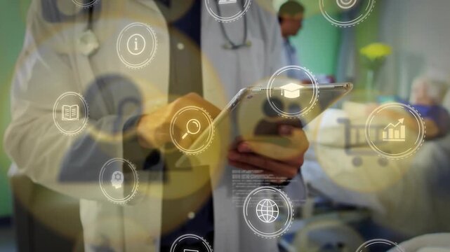 Clinician tapping tablet moving icons and updating health records while colleague checking patient