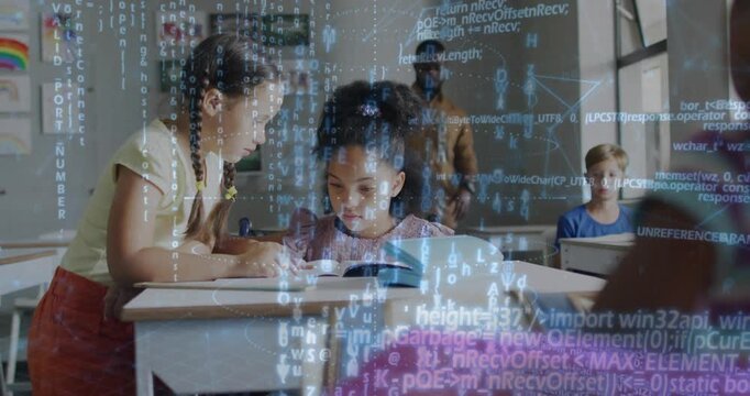 Students scanning books at desks generating holo code overlay for class while Miles Brown watching
