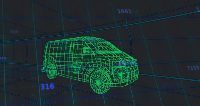 Data pulse moving numbers while neon-green wireframe van rotating, highlighting hub for telemetry