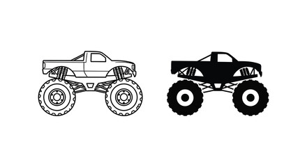 Two monster trucks one outlined and one solid in a graphic illustration silhouette © nhpvect02