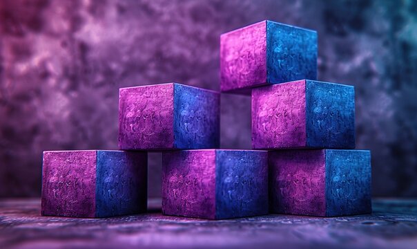 A stack of colorful, purple and blue, textured cubes in a pyramid shape