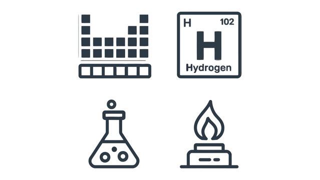 Science Icon Set: A comprehensive collection of science icons, including the periodic table of elements, Hydrogen symbol, a laboratory flask, and a bunsen burner, perfect for any scientific project.
