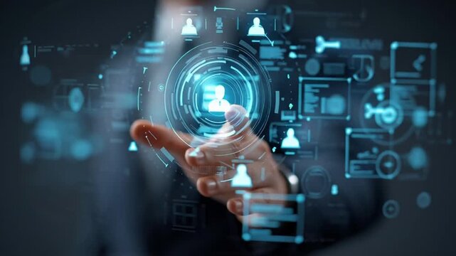 A businessman&rsquo;s finger touches a digital button on a global network interface screen, symbolizing a tech concept of world communication and social media connection