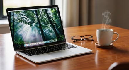 Fototapeta premium A laptop with a green screen and a cup of coffee on a wooden table.