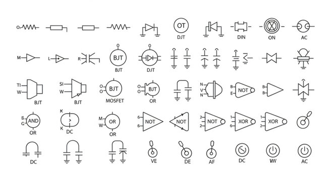 Collection of electronic circuit schematic symbols and diagrams.