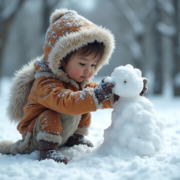Young Child in Fur Trim Hooded Coat Building Snowman