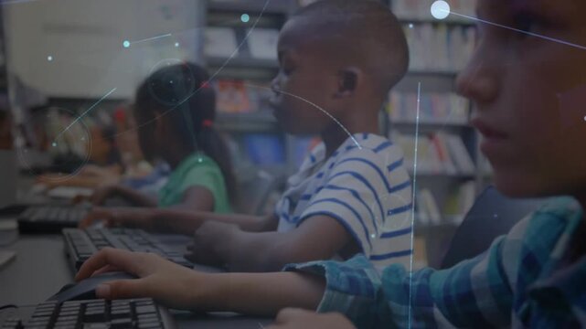 Typing plaid boy using keyboard and mouse school lab after camera pullback for lesson, copy space