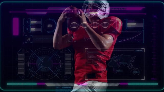 Athlete tracking ball, reaching, catching, securing while sports HUD shows radar and numbers nearby