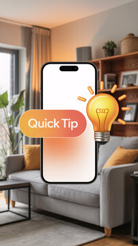 Smartphone mockup with orange "Quick Tip" button and glowing light bulb icon in a living room