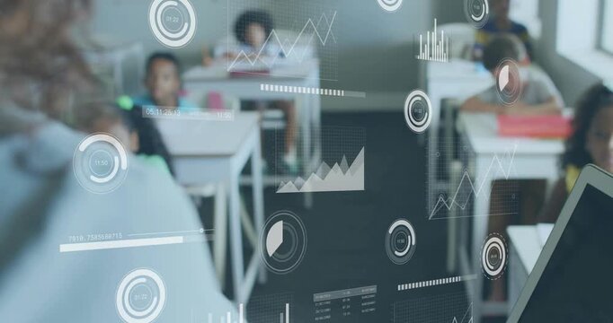 Teacher gesturing left classroom, holographic charts responding to hand, teaching data to students